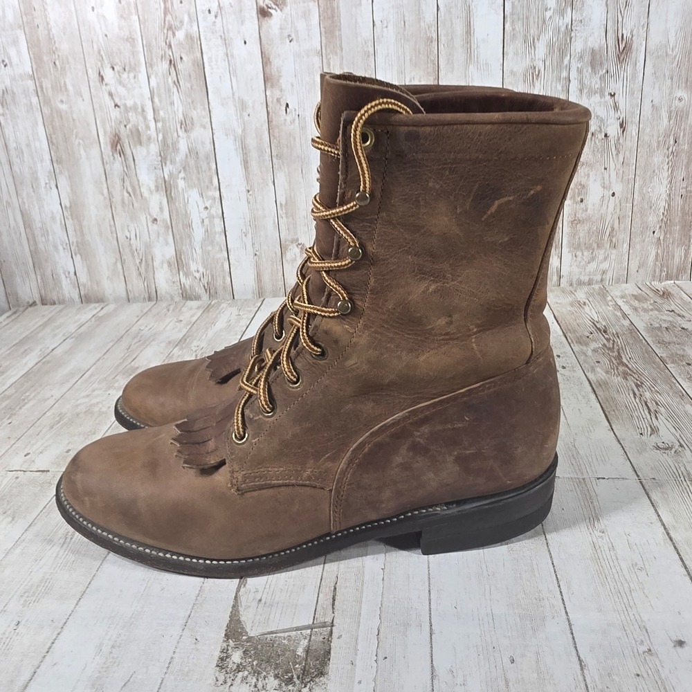 Justin L0575 Womens Brown Leather Lace Up Kiltie Western Boots Made in USA 8.5 B - Picture 4 of 8